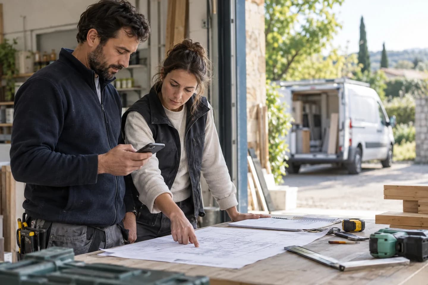 Deux artisans organisant leurs interventions autour d’un plan et d’un téléphone