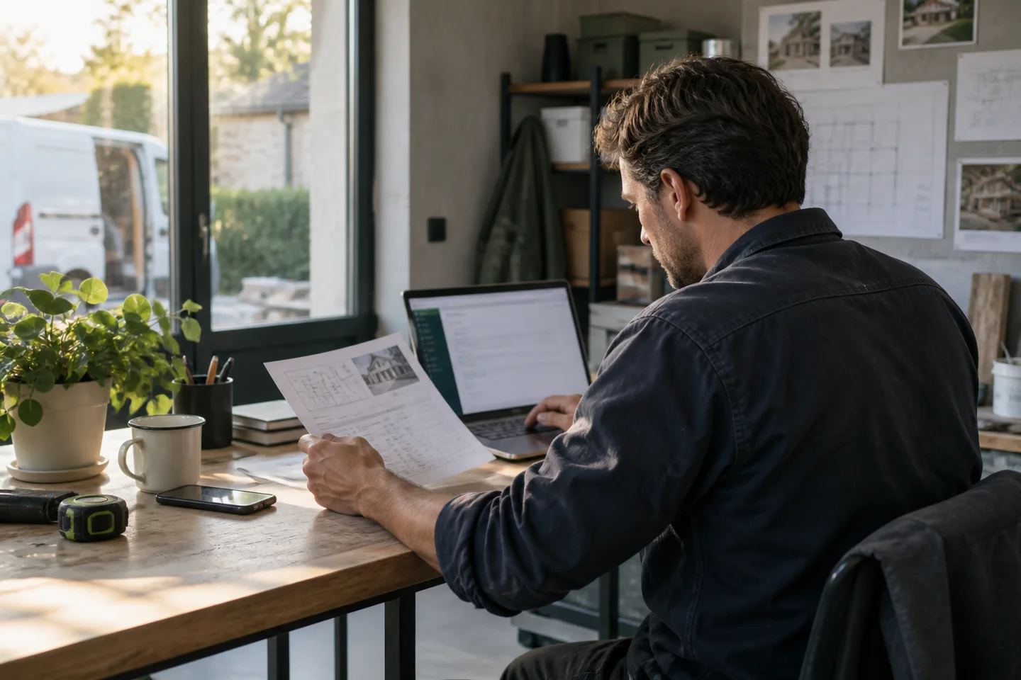 Artisan consultant un devis et son suivi depuis son atelier