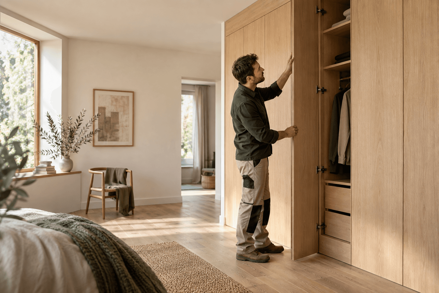 Menuisier fictif ajustant une porte de rangement sur mesure en chêne clair