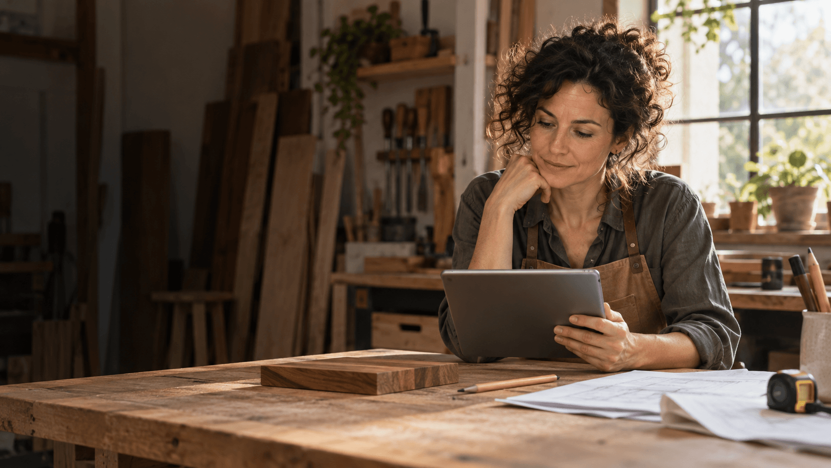 Menuisière fictive dans son atelier, consultant une tablette près de plans et d’échantillons de bois