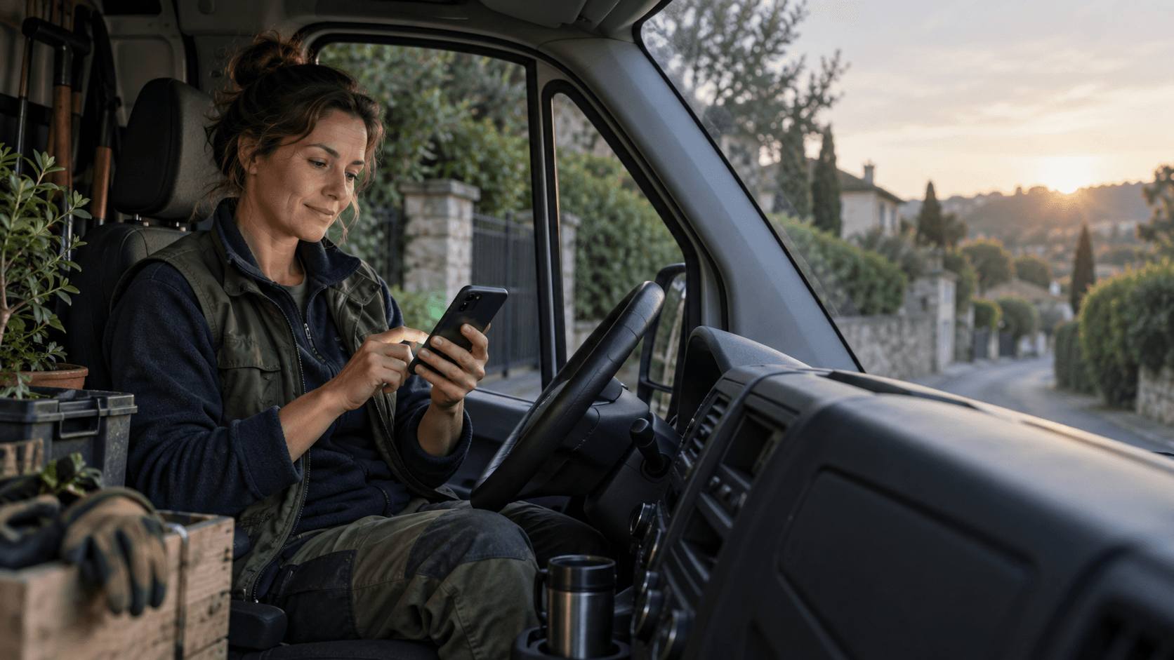 Paysagiste fictive dans son utilitaire, consultant son téléphone avant une journée de travail