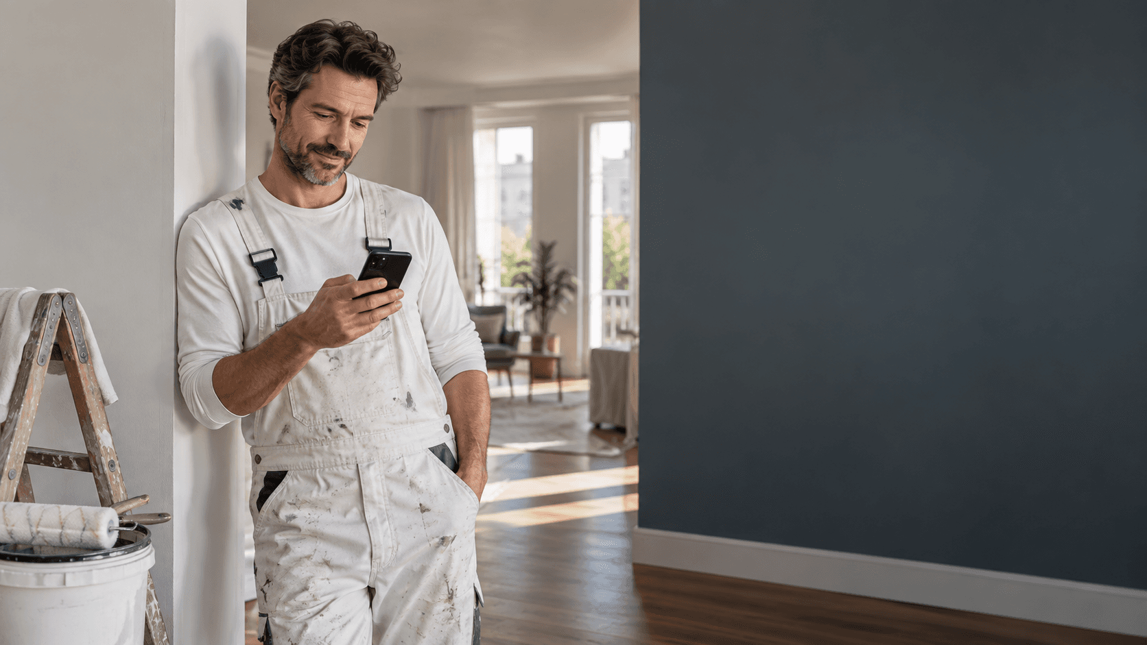 Peintre fictif sur un chantier de rénovation, consultant son téléphone près d’un mur fraîchement peint