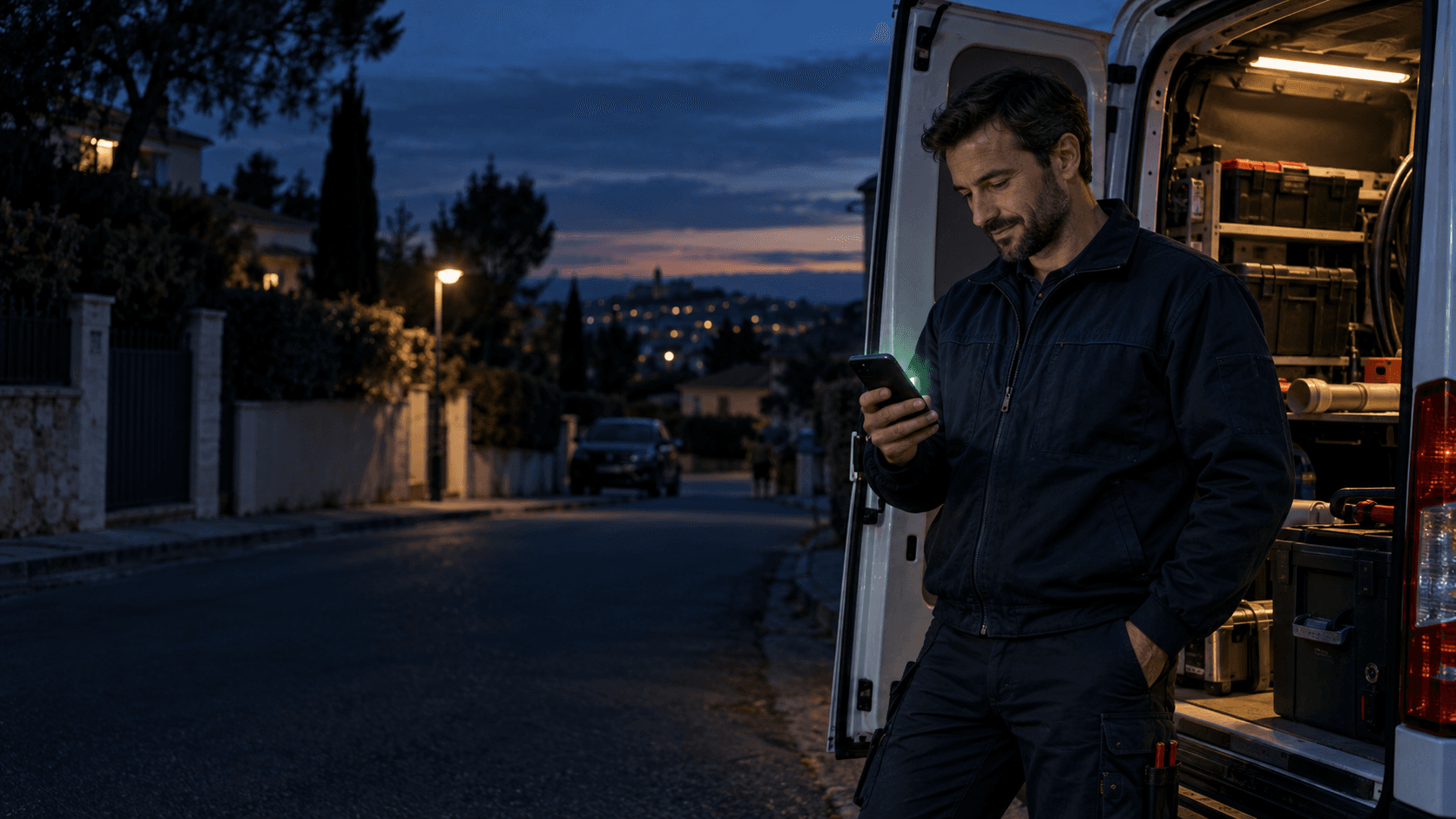 Artisan plombier fictif devant son utilitaire le soir, consultant une demande sur son téléphone
