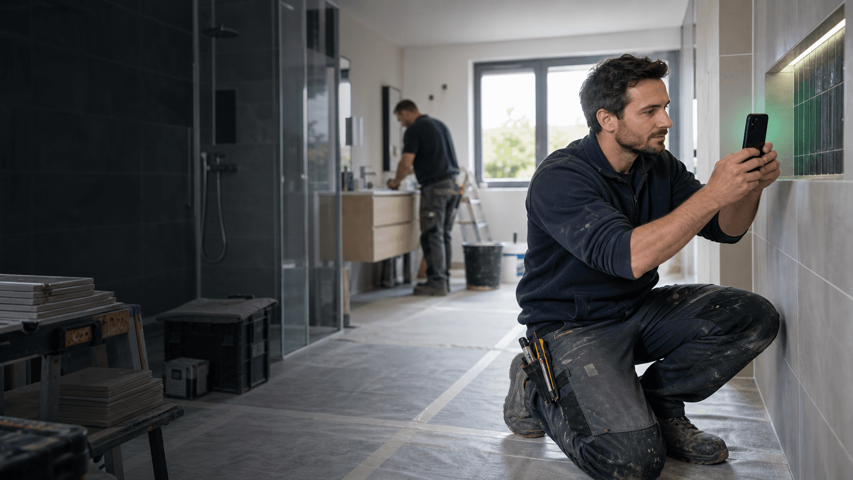 Artisan fictif photographiant un détail de rénovation dans une salle de bain en chantier